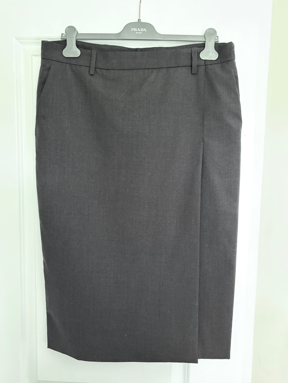 Prada Virgin Wool Dark Charcoal Gray Tailored Midi Pencil Skirt with Slit Detail